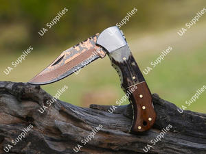 Couteau utilitaire pliant EDC à pointe clip, en acier Damas cuivré, manche en corne de cerf et bois de rose, personnalisable pour le camping, la chasse et la pêche - Product Image 2