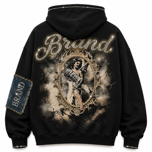 Sweat-shirt à capuche personnalisé avec motif ange en strass pour homme, en coton épais, avec patch sur les manches en denim, effet délavé vintage, coupe oversize, noir, style streetwear Y2K - Product Image 2