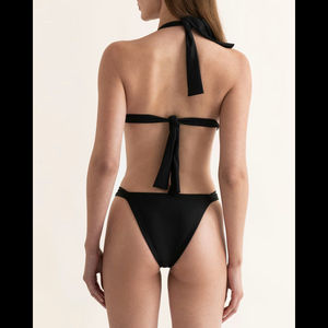 Conjunto de Bikini Negro para Mujer, Top Triangular con Tirantes, Braguita Tipo Tanga, Color Sólido, Traje de Baño Elástico de 2 Piezas, Ropa de Playa - Product Image 1