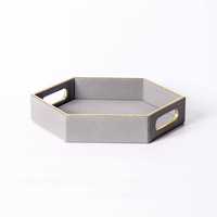 Plateau de service hexagonal au design antique, texture shagreen gris, poignées à bordure dorée, design minimaliste, vaisselle et assiettes, décoration, article cadeau