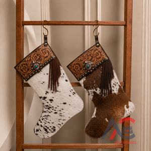 New Arrival Hand Tooled Genuine Cowhide Leather <b>Christmas</b> <b>Stocking</b> Real Fringe & Concho Design best gift for Holiday Decor - Product Image 1