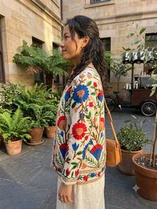 Floral Embroidered Wool Blend <b>Jacket</b> <b>Mandarin</b> <b>Collar</b> Full Sleeve Prairie Chic Autumn Women's Coat - Product Image 2