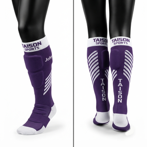 Premium 320 GSM Polyester Nylon Spandex Floorball <b>Socks</b> Purple <b>White</b> Padded Compression Custom Jacquard Logo - Product Image 1