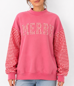 Wholesale <b>Women's</b> Mock Neck <b>Sweatshirt</b> Custom Solid Color Gingham Print Drop Shoulder Long Sleeve <b>Christmas</b> Apparel - Product Image 1