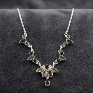 Multicolor Smoky Quartz Sterling Silver Handcrafted Necklace With Natural Gemstones Elegant Floral Design Jewelry Sets - Product Image 3