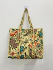 Beige Floral <b>Boho</b> Handmade Quilted Cotton Tote <b>Bag</b> Women Large Shoulder Handbag Reusable Market <b>Bag</b> Drawstring Closure - Product Image 1