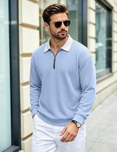 Men's Light Blue Knitted Quarter <b>Zip</b> Pullover Long Sleeve Casual <b>Shirt</b> Turn-down Collar Solid Color Autumn Wear - Product Image 3