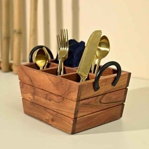 Premium Acacia Wood Cutlery Caddy with Gold Metal Handles 4 Compartment <b>Tabletop</b> Utensil Organizer for Restaurant and Buffet - Product Image 2