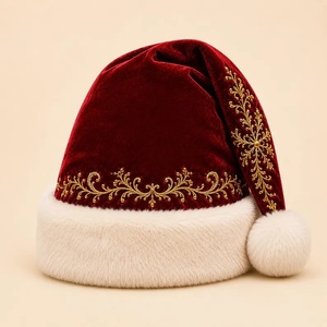 <b>Green</b> Velvet Christmas-themed Floral Santa Hat Gold Embroidery Digital Printing White Faux <b>Fur</b> Trim Unisex Party Winter Adult - Product Image 2