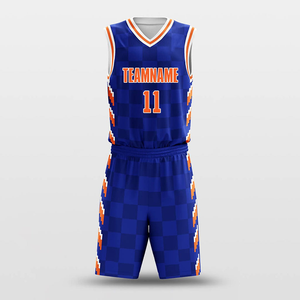 Uniformes de Baloncesto Sublimados Personalizados, 100% Poliéster Transpirable, Azul y Naranja a Cuadros, Cuello en V, Sin Mangas, Secado Rápido, Unisex para Adultos - Product Image 2