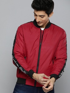 Men's Red Bomber Jacket With Black Trim And Letter Print Sleeve Casual Autumn Wear Zipper Front Turn-<b>down</b> Collar - Product Image 5