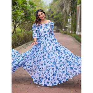 Vestido largo floral azul para mujer, vestido informal de verano con hombros descubiertos y volantes, vestido de fiesta - Product Image 2