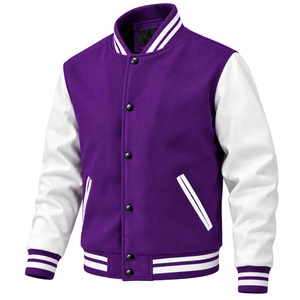 <b>Men's</b> <b>Purple</b> White Varsity Jacket Print Stand Collar Logo Front Button Closure Casual Style Regular Fit Autumn Wear - Product Image 2