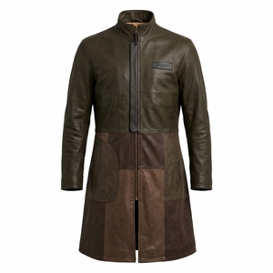 Abrigo Largo de Cuero Genuino para Hombre, Color Verde Oliva y Marrón, con Forro Polar, Estilo Motero, para Invierno, Fabricante OEM Personalizado - Product Image 1