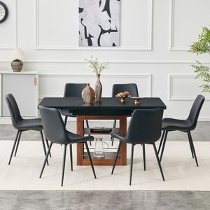 Set da Pranzo Espandibile 59-71 Pollici con 6 Sedie Curve in PU Artificiale Nero, Set da Sala da Pranzo Allargato - Product Image 3