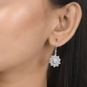 925 Sterling Silver Natural <b>Rainbow</b> Moonstone Lotus Flower Mandala Dangle Earrings Wholesale Women Boho Gemstone Jewelry - Product Image 2