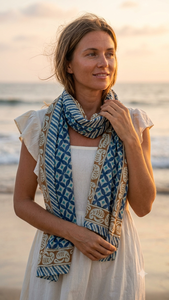 En gros, Écharpe, Paréo, Sarong, Stole, Châle d'été en coton bleu beige pour femme, à imprimé géométrique et botanique, style décontracté - Product Image 2
