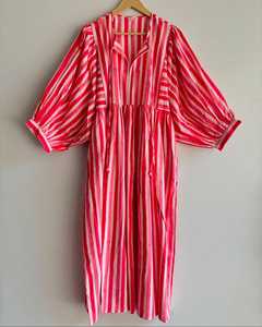 Lightweight <b>Boho</b> Floral Block Print <b>Dress</b> Casual <b>Summer</b> Sundress Balloon Sleeves Pure Cotton Maxi Outfit Women - Product Image 1