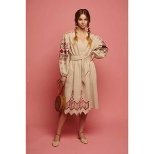 Vestido Midi de Lino Beige Bordado para Mujer, Ecológico, Lavable, con Cinturón Étnico y Manga Larga, Estilo Kurti, Venta al Por Mayor - Product Image 1