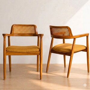 Modern Midcentury Wood Dining <b>Chair</b> with <b>Cane</b> Backrest Upholstered Linen Seat for Home Furniture - Product Image 4