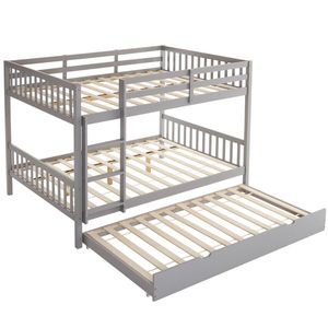 Gray Pinewood Full Size <b>Bunk</b> <b>Bed</b> with Trundle <b>Ladder</b> and Safety Rails for Dormitory Use - Product Image 1