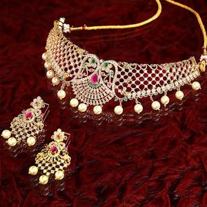 Gold Plated Zinc Alloy Ruby Imitation Pearl Flower Design Necklace Earring Set Ethnic Women's Wedding Jewelry Partywear - Product Image 4