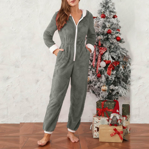 Pijama de Forro Polar con Capucha para Mujer, Manga Larga, Color Sólido, Cierre de Cremallera, Mono Cómodo para Dormir, Ropa de Invierno - Product Image 4