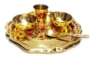 meenakari decorative thali indian brass utensils compact five inch size thali katori spoon glass traditional metal <b>dinnerware</b> - Product Image 4
