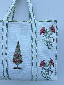Luxury <b>White</b> Cotton Tote <b>Bag</b> With Floral Print Green Striped Handles Bohemian Style Summer Casual Zipper Shopping Travel Handbag - Product Image 5