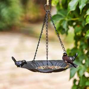 Black Metal Lotus Leaf Hanging <b>Bird</b> <b>Feeder</b> <b>Tray</b> Decorative Wild <b>Bird</b> Seed Station with <b>Bird</b> Figurine for Outdoor Garden Yard - Product Image 1