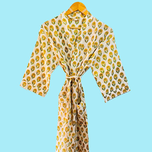 Robe Kimono 100% Coton Imprimé, Robe Kimono Imprimée à la Main, Robe d'Été à Imprimé Floral Indien avec Décoration en Dentelle, Robe Élégante - Product Image 1