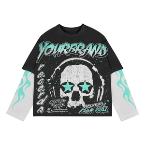 เสื้อยืดแขนยาวทรงโอเวอร์ไซส์สำหรับผู้ชาย ลายหัวกะโหลก สไตล์พังก์ แต่งขอบตัดกัน คอกลม ผ้าเจอร์ซีย์คอตตอน ราคาถูก รับผลิตแบบ OEM - Product Image 3