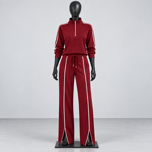 Conjunto Deportivo de 2 Piezas para Mujer, Color Rojo, Top con Cierre de Cremallera y Cuello Alto, Pantalones Anchos con Rayas en Contraste, Estilo Casual - Product Image 1