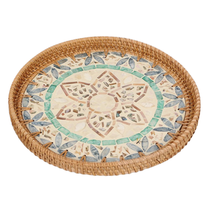 Plateau de service en rotin fait main avec motif floral bleu, plateau décoratif en osier naturel pour usage résidentiel - Product Image 2