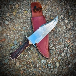 Cuchillo Bowie con Hoja de Punta Caída, Acero al Carbono, Mango de Asta de Ciervo, Funda de Cuero, Uso en Exteriores, OEM - Product Image 5