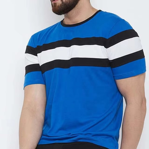 Camiseta Unisex Azul con Rayas en Contraste, Diseño de Panel en el Pecho, Corte Ajustado Informal, Cuello Redondo, Ropa de Calle de Verano, Moderna y Suave - Product Image 4