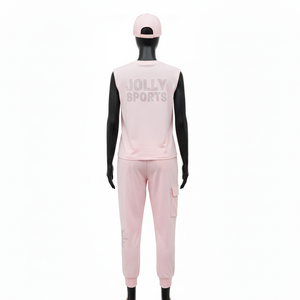 Conjunto de Dos Piezas para Mujer, Camiseta sin Mangas, Tela de Mezcla de Algodón de Alta Densidad, Color Rosa Pastel, Pedrería Hotfix, Logotipo Personalizado - Product Image 2