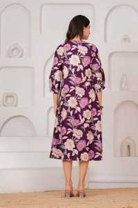 Robe midi évasée décontractée en coton à imprimé floral violet, col rond, manches trois quarts, avec poches, pour la maternité et l'allaitement, idéale pour le quotidien - Product Image 6
