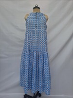 Gaun Midi Wanita Motif Garis Biru Putih Merah Kasual Bahan Katun Tenun Model A-Line Pinggang Elastis Alami Berlipit Ujung Lurus Lengan Lonceng