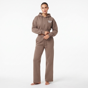 Conjunto de Sudadera Corta con Capucha para Mujer, Cremallera Completa, Hombros Caídos, Manga Larga, Pantalón Jogger de Pierna Ancha con Cordón, 100% Algodón Felpa, Conjunto de Dos Piezas - Product Image 3