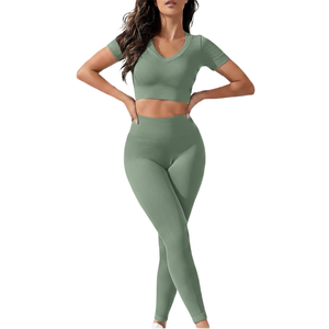 Womens Seamless High Waist Yoga <b>Leggings</b> With Long Sleeve Crop Top Gym Fitness Set <b>Activewear</b> - Product Image 4