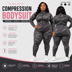 Camo Printed Plus Size Compression Jumpsuit Half-<b>Zip</b> Full Body One Piece Women's Yoga Fitness Four-Way Stretch Water Resistant - Product Image 1