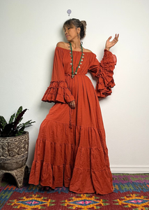 Bohemian for Orange V-neck Maxi Dress Dramatic Tiered Flare <b>Bell</b> Sleeve Waist Tie Ruffled Hem Eco-Friendly Organic Cotton - Product Image 3