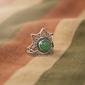Majestic Lotus Natural Green Onyx <b>Silver</b> Plated Bohemian Style Statement <b>Ring</b> for Women - Product Image 5