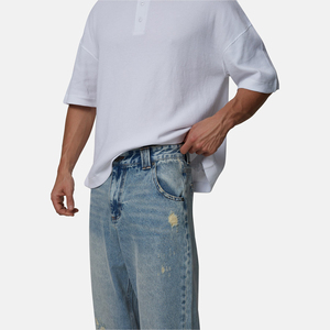 Men's Straight Leg Distressed Denim Jeans Mid Wash Loose Fit Cotton Casual Spring Style Ripped Detail - Product Image 3