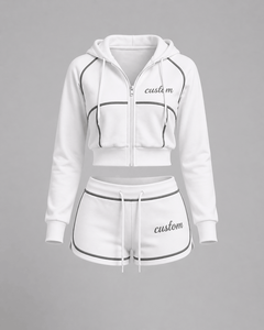 Ensemble de survêtement rose pour femme, deux pièces personnalisées, avec crop top zippé et short, vêtements de sport, fournisseur OEM - Product Image 1