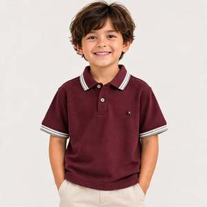 Polo à manches courtes bleu pour garçons, couleur unie, coton piqué, col rabattu décontracté avec bordure rouge et blanche, logo sur la poitrine gauche - Product Image 5