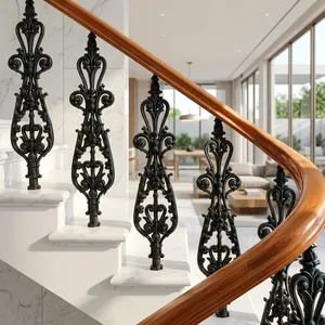 Panneau de rampe d'escalier en fer forgé orné, décorations en volutes, meneaux et balustres métalliques décoratifs pour rénovation d'escalier intérieur - Product Image 3