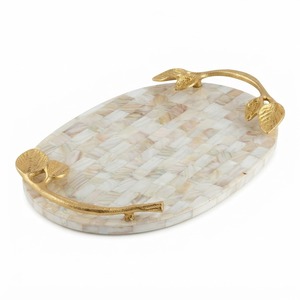Plateau décoratif de luxe en nacre avec poignées en feuille d'or, fait main, ovale, en coquille de MOP, pour servir le café - Product Image 1