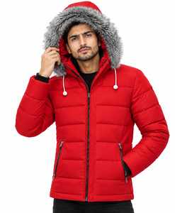 <b>Men's</b> Red Hooded Canvas Puffer Jacket <b>Winter</b> Thick <b>Waterproof</b> Windproof <b>Coat</b> with Fur Collar Front Logo Zipper Cotton Lined - Product Image 6